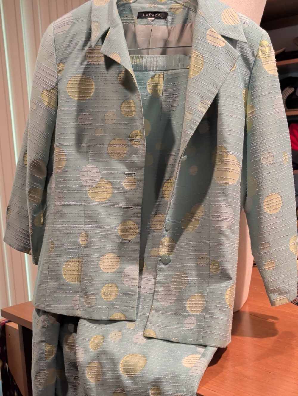 Seafoam Green Polka Dot Women's Jacket And Midi Skirt Set.